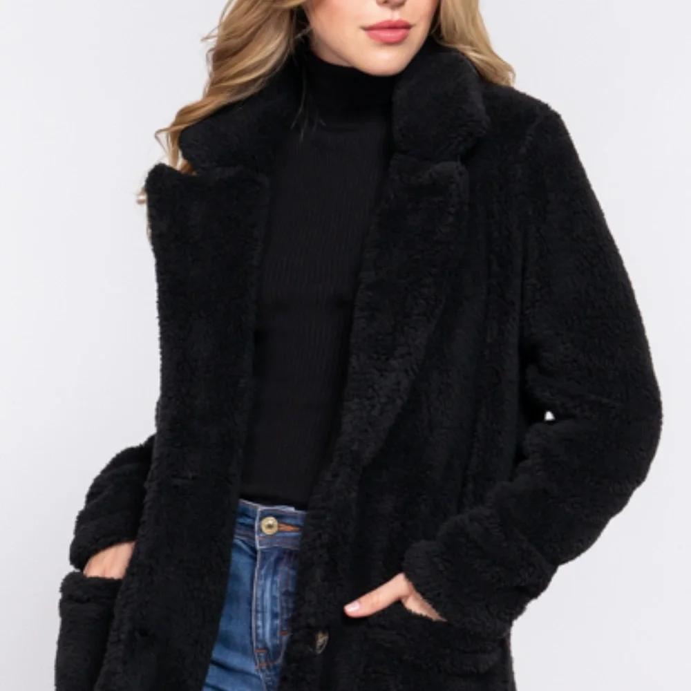 NEW Soft Faux Fur Notched Collar Patch Pocket Sherpa Coat- Button Front- S-M-L - Picture 2 of 9